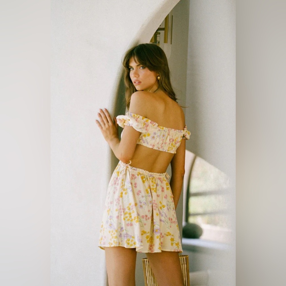 Sabo Skirt Lashara Yellow Crepe Milkmaid Floral Mini Dress coquette romantic - Picture 2 of 12